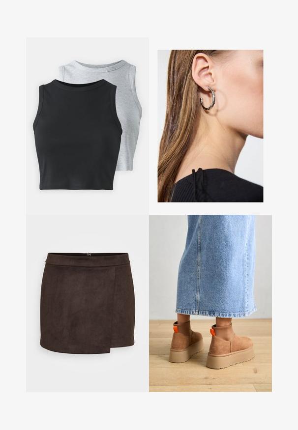 Even&Odd Petite 2 PACK - Tops - light grey/black; Brūnas mākslīgā zamša mini svārki ar gludu tekstūru, piedāvā sānu izlējumu un diskrētu rāvējslēdzēja aizdari aizmugurē.; Brūni zamšādas platforma zābaki ar elastīgiem sānu paneļiem un oranžām cilpām, apvienoti ar līdz ceļgaliem garu gaišā denima svārku uz koka grīdas.; Sudraba auskars ar pulētu apdari, ar maziem zelta akcentiem un apaļu formu, uz ausu ļipiņas.