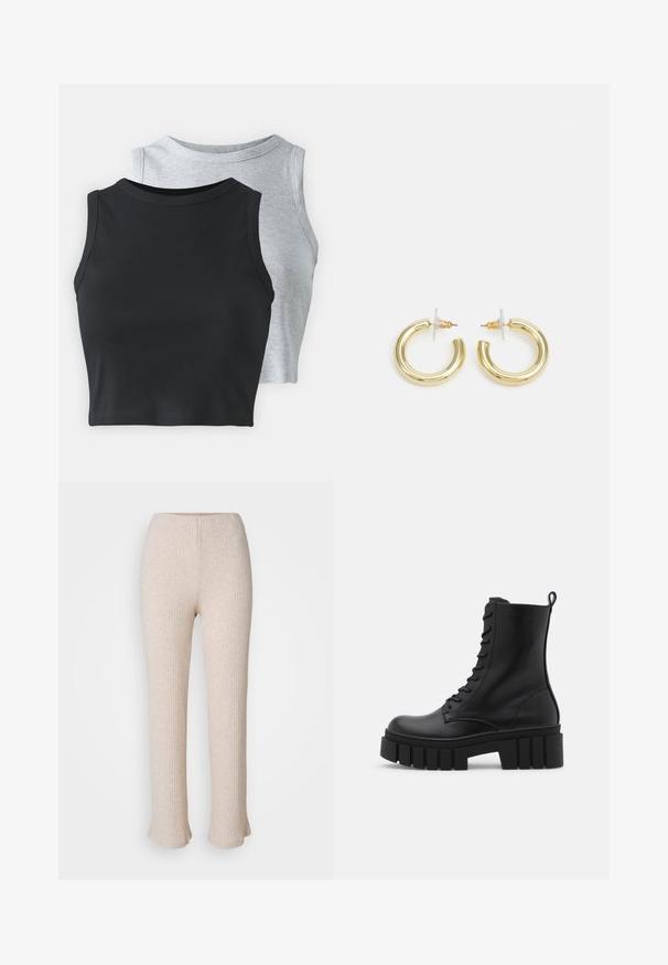 Even&Odd Petite 2 PACK - Top - light grey/black; Helle beige gerippte Hose mit geradem Bein und ausgestelltem Saum. Hergestellt aus einem weichen Stoff mit subtiler Textur. Elastischer Bund für zusätzlichen Komfort.; Schwarze Lederknöchelstiefel mit klobiger, gerippter Sohle, Schnürung vorne und Zuglasche auf glattem weißen Hintergrund.; Goldene Creolen mit einer glatten, glänzenden Oberfläche. Zirkuläres Design mit einem kleinen Stecker und einer klaren Rückseite für einen sicheren Sitz.