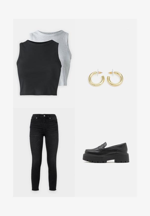 Even&Odd Petite 2 PACK - Tops - light grey/black; Melni skinny džinsi no denima, ar augstu vidukli, priekšējām kabatām un saplēstu apakšmalu. Gluda tekstūra ar klasisku piecu kabatu dizainu.; Melnas ādas loafer kurpes ar zemu, masīvu gumijas zoli, uz augšas izšūtām detaļām un gludu tekstūru.; Zelta auskari ar gludu, spīdīgu apdari. Apaļš dizains, kas ietver mazu tapu un caurspīdīgu pamatni drošai valkāšanai.