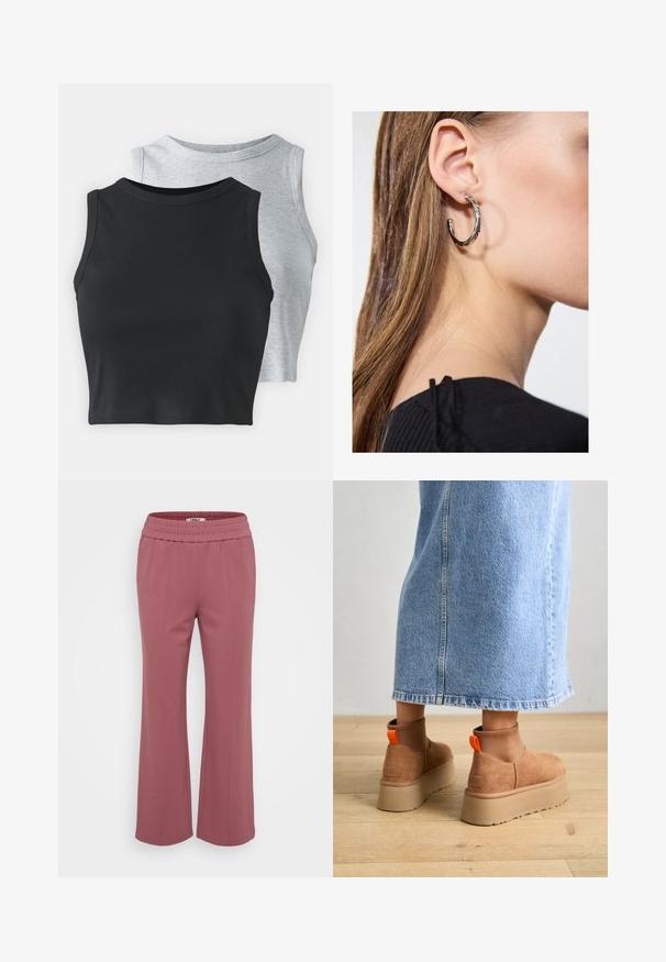 Even&Odd Petite 2 PACK - Felső - light grey/black; Feszes, könnyű nadrág poros rózsaszín színben. Rugalmas derékpánttal és széles, egyenes lábakkal rendelkezik. Puha anyag, amelyen nincsenek látható minták.; Barna velúr platform csizmák elasztikus oldalsó panelekkel és narancssárga húzófülekkel, amelyek egy térdközépig érő világoskék farmer szoknyával vannak párosítva egy fás padlón.; Ez egy ezüst fülbevaló, sima felülettel, amelyen apró arany díszítőelemek találhatók. Kerek formájú és a fülcimpán viselik.