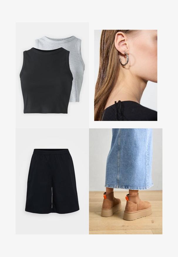 Even&Odd Petite 2 PACK - Top - light grey/black; Pantaloni scurți atletici negri, cu un talie elastică, o croială largă și o textură netedă. Designul este simplu, fără modele sau accente.; Botine maro din suede cu platformă, cu panouri elastice pe laterale și mânere portocalii, asortate cu o fustă din denim deschis până la genunchi, pe un podea din lemn.; Cercel din argint cu un finisaj polișat, având detalii mici din aur și o formă rotundă, purtat pe lobul urechii.