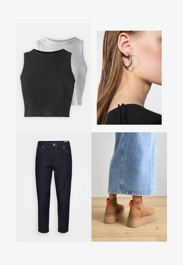 Even&Odd Petite 2 PACK - Tops - light grey/black; Taisni svārki no tumši zilas džinsa ar priekšējiem kabatām, jostas cilpām un priekšējo pogu aizdari, izstādīti uz neitrāla fona.; Brūni zamšādas platforma zābaki ar elastīgiem sānu paneļiem un oranžām cilpām, apvienoti ar līdz ceļgaliem garu gaišā denima svārku uz koka grīdas.; Sudraba auskars ar pulētu apdari, ar maziem zelta akcentiem un apaļu formu, uz ausu ļipiņas.