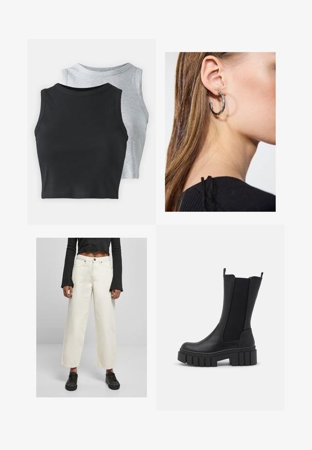 Even&Odd Petite 2 PACK - Top - light grey/black; Vidde ben, off-white denimbukser med høj talje, kraftigt stof og frontknaplukning; stylet med en sort cropped top med lange ærmer.; Sort ankelstøvle med en kombination af kunstlæder og elastiske sidepaneler. Kraftig platformsål med lodrette riller for bedre greb.; Sølv hoop ørestik med en poleret overflade, prydet med små guld accenter og en rund form, båret på øreflippen.