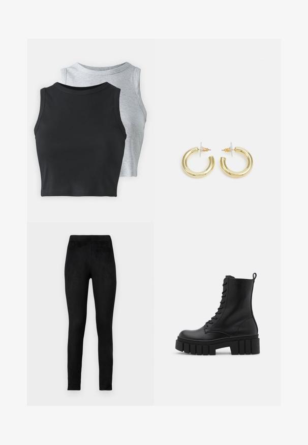 Even&Odd Petite 2 PACK - Top - light grey/black; Leggings negros hechos de una tela suave y elástica, con una cinturilla alta y un ajuste ceñido. Textura lisa sin patrones visibles ni adornos.; Botín negro de cuero hasta el tobillo con suela gruesa y estriada, parte delantera con cordones y lengüeta en un fondo blanco liso.; Aretes de aro de oro con un acabado suave y brillante. Diseño circular que presenta un pequeño post y un respaldo transparente para un uso seguro.