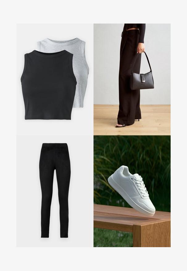 Even&Odd Petite 2 PACK - Top - light grey/black; Zwarte leggings gemaakt van zachte, rekbare stof, met een hoge tailleband en een slim fit. Glad textuur zonder zichtbare patronen of versieringen.; Witte sneaker met een gladde synthetische bovenkant, geperforeerde neus, platte veters en een gestructureerde zool, tentoongesteld op een houten oppervlak.; Zwarte handtas met gestructureerde vorm, gladde textuur en een metalen sluiting. Gecombineerd met brede zwarte broeken en sandalen met open teen op een houten vloer.