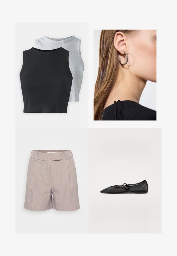 Even&Odd Petite 2 PACK - Top - light grey/black; Světlé šedé lněné šortky s texturovaným povrchem, s plochým předním dílem, poutky na opasek a bočními kapsami. Přizpůsobený střih s délkou ke kolenům.; Černá plochá obuv s špičatou špičkou, síťovaným svrškem a akcenty z lakované kůže. Obsahuje tenký pásek s kulatým kovovým detailem.; Stříbrný kruhový náušník s lesklým povrchem, zdobený malými zlatými akcenty, v kulatém tvaru, nošený na lalůčku.