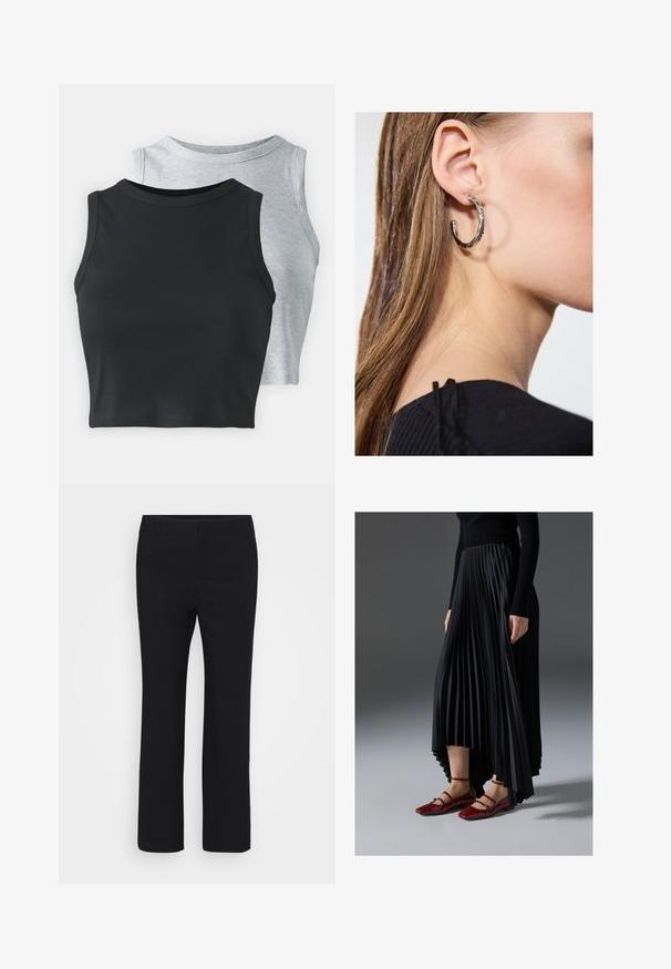 Even&Odd Petite 2 PACK - Top - light grey/black; Zwarte broek met een recht pijpdesign, gemaakt van een gladde stof. Heeft een platte tailleband en geen zichtbare zakken. Minimalistische stijl.; Zwarte geplooide rok met een high-low zoom, gecombineerd met glanzende rode ballerina's met een bandontwerp. De stof heeft een soepele textuur.; Zilveren oorbel met een gepolijste afwerking, met kleine gouden accentdetails en een ronde vorm, gedragen op de oorlel.
