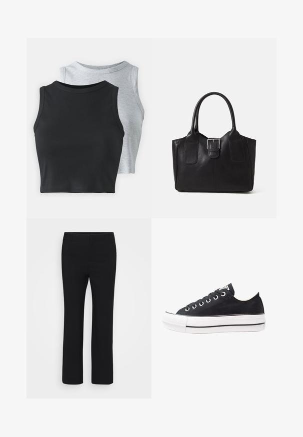 Even&Odd Petite 2 PACK - Top - light grey/black; Calças pretas com um design de perna reta, feitas de um tecido suave. Apresentam uma cintura plana e sem bolsos visíveis. Estilo minimalista.; Sapatilha preta de lona com sola de borracha branca, bico redondo, design de cano baixo, ilhós de metal e bico texturizado. Tira preta fina ao longo da sola.; Bolsa tote de couro preta com textura suave, forma estruturada, duas alças e um destaque prateado proeminente na parte da frente.