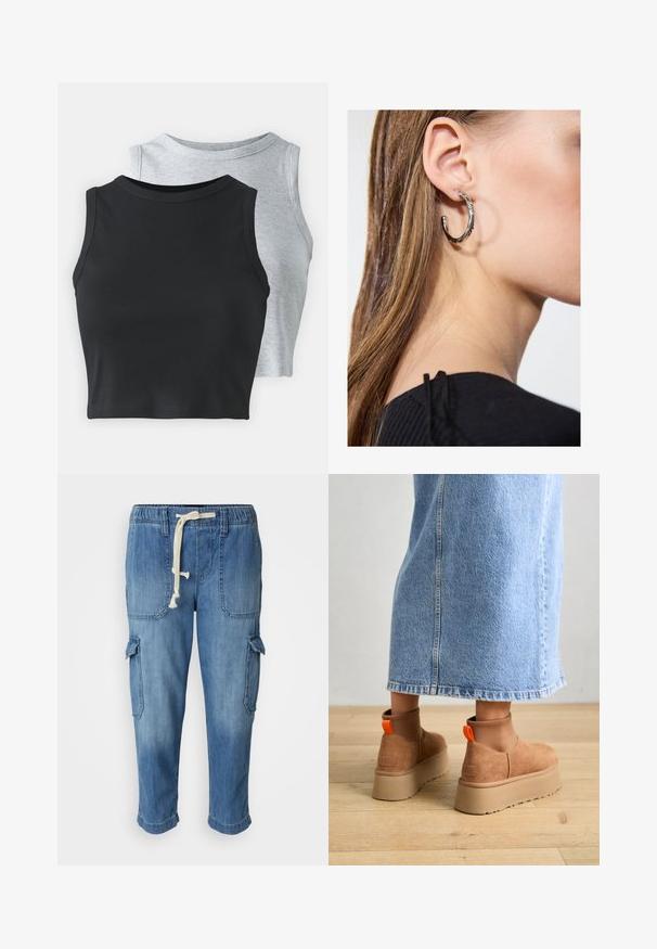 Even&Odd Petite 2 PACK - Topper - light grey/black; Blå denim cargo bukser med justerbar talje, sidelommer og opsmøgede manchetter, med en blød, struktureret finish.; Brune semska plattformstøvler med elastiske sidepaneler og orange rekkehalser, parret med en knelange lys denimskjørt på et tregulv.; Sølv ringøredob med en polert finish, med små gull detaljer og en rund form, båret på øreflippen.