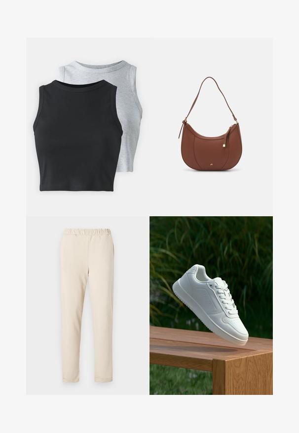 Even&Odd Petite 2 PACK - Top - light grey/black; Beige cotton trousers with a gathered waistband, straight-leg design, and no visible patterns, featuring a smooth texture and simple hem.; White sneaker with a smooth synthetic upper, perforated toe box, flat laces, and a textured sole, displayed on a wooden surface.; Brown faux leather shoulder bag with curved shape, minimal stitching, and a gold-tone hardware accent. Features a top zipper closure and adjustable strap.; Silver hoop earring with a polished finish, featuring small gold accent details and a round shape, worn on the lobe.