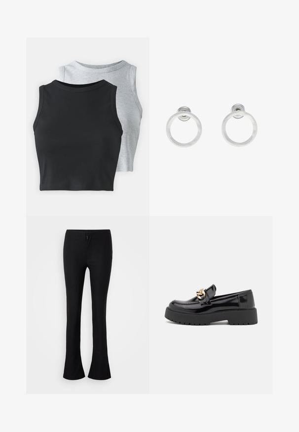 Even&Odd Petite 2 PACK - Top - light grey/black; Černé rozšířené kalhoty vyrobené z hladkého materiálu, s přiléhavým pasem a předním zipem. Jednoduchý design bez dalších vzorů nebo akcentů.; Černé lakované kožené polobotky s masivní černou podešví a zlatými detaily. Hladký povrch a design s zaoblenou špičkou.; Stříbrné kovové kruhové náušnice s broušenou texturní úpravou, s kulatým designem a průhledným záznamem pro bezpečné nošení.
