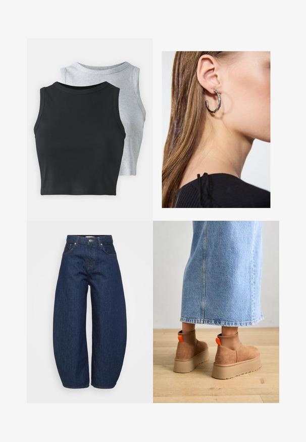 Even&Odd Petite 2 PACK - Toppi - light grey/black; Tummansiniset farkut, joissa on leveä ja rento istuvuus. Niissä on vetoketjullinen haarakiinnitys, neljä taskua ja kontrastiväriset saumat.; Ruske mokasine z platformo in elastiko na straneh ter oranžnimi zategovalnimi trakovi, v kombinaciji z osnovno dolžino svetle denim krila na lesenem podu.; Hopea renkaankorvakoru kiiltävällä pinnalla, jossa on pieniä kultaisia yksityiskohtia ja pyöreä muoto, käytetty korvalla.