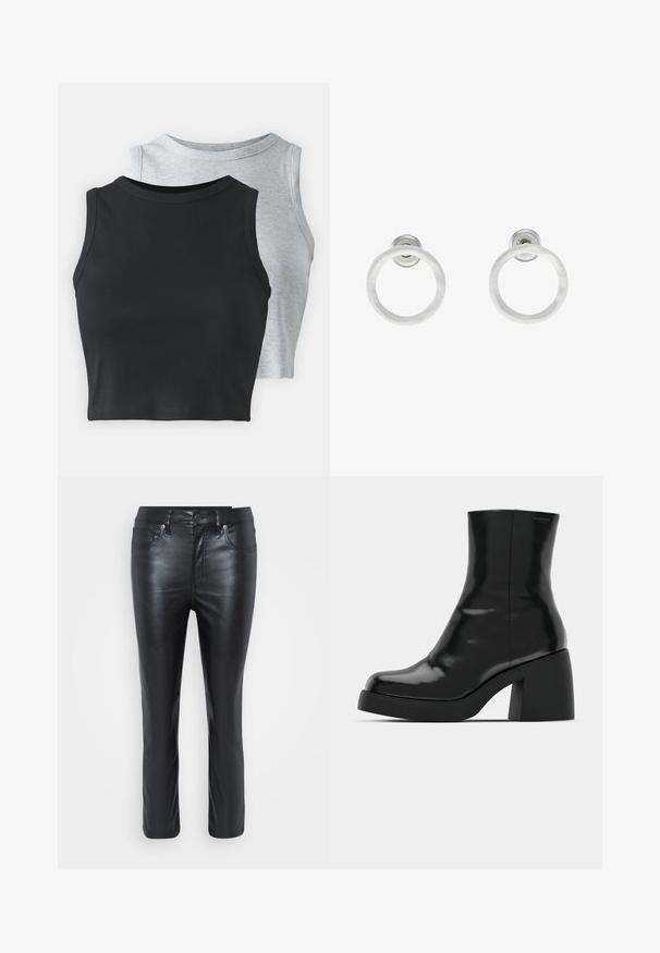 Even&Odd Petite 2 PACK - Linne - light grey/black; Svart läderbyxor med slim fit, med framfickor, knäppning och en lätt glans. Benen är raka med sömnadsdetaljer.; Svarta ankelstövlar med en blank finish, fyrkantig tå och en tjock blockklack. Designen har en sömlös silhuett och minimal märkning.; Silvriga metallringörhängen med borstad yta, som har en cirkulär design och en genomskinlig stiftbaksida för säker användning.