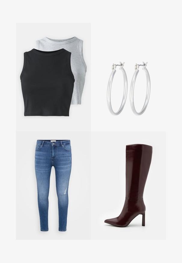 Even&Odd Petite 2 PACK - Viršus - light grey/black; Lieknos džinsai šviesiai mėlynos džinsinio audinio spalvos, su subtiliu šešėliavimu, nusidėvėjimo akcentais, penkiomis kišenėmis ir užtrauktuku. Lygus paviršius.; Even&Odd Batai - dark red; Sidabriniai auskarai su sklandžiu, poliruotu paviršiumi. Apvalios formos ir saugus uždarymo mechanizmas. Lengvas dizainas, tinkantis kasdieniam dėvėjimui.