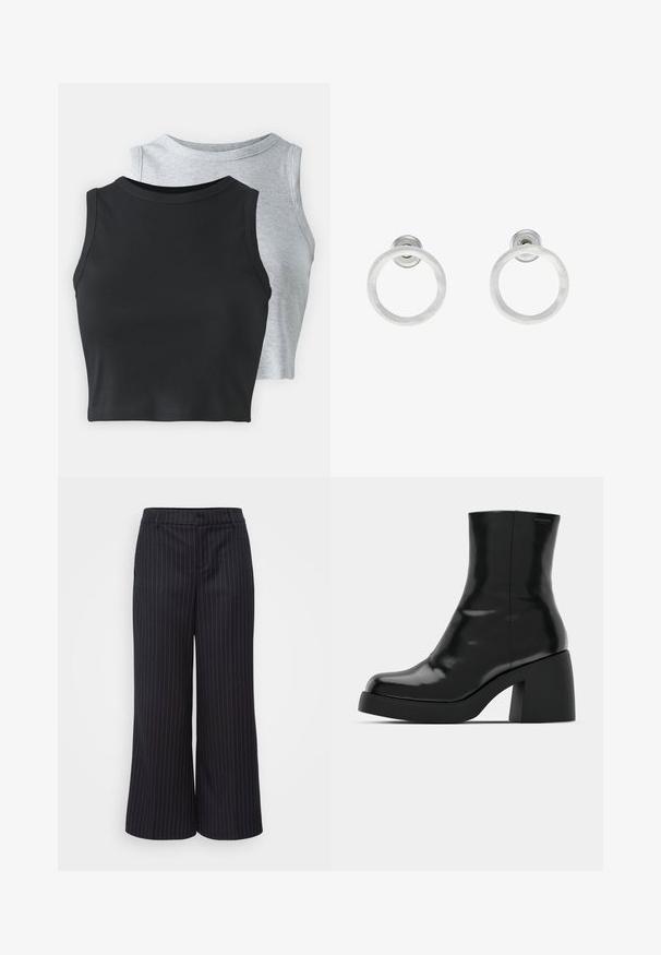 Even&Odd Petite 2 PACK - Tops - light grey/black; Gina Tricot Petite WIDE LEG TROUSERS - Auduma bikses - black; Melnas potītes zābaku ar spīdīgu apdari, kvadrātveida pirkstu un biezu bloku papēdi. Dizainā ir bezšuvju siluets un minimāla zīmola identitāte.; Sudraba metāla gredzenveida auskari ar matētu faktūru, ar apaļu dizainu un caurspīdīgu aizdari, lai nodrošinātu drošu valkāšanu.