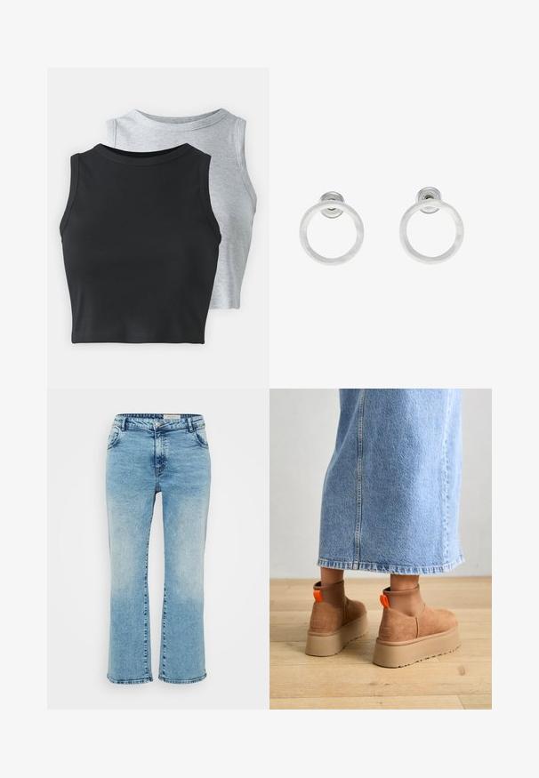 Even&Odd Petite 2 PACK - Viršus - light grey/black; Šviesiai mėlynos džinsinės kelnės su tiesiu pjūviu, turinčios sagos užsegimą, penkias kišenes ir subtilų blukimą keliuose.; Rudos zomšiniai platforminiai batai su elastingomis šoniniais panirais ir oranžinėmis kilpomis, derinami su kelio ilgio šviesių džinsų sijonu ant medinių grindų.; Sidabriniai metaliniai auskarai žiedų pavidalu su šveitimo tekstūra, turintys apvalų dizainą ir skaidrų laikiklį saugiam dėvėjimui.