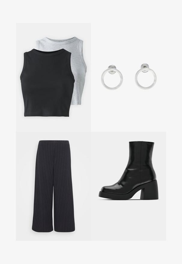 Even&Odd Petite 2 PACK - Top - light grey/black; Črne široke hlače z belim črtastim vzorcem. Narejene iz gladkega materiala, z visokim pasom in brez vidnih zakovic.; Črne gležnjarje z sijajno površino, kvadratnim nosom in debelim blokskim peto. Oblikovanje izstopa s brezšivno silhueto in minimalnim logotipiranjem.; Srebrni kovinski obročasti uhani z brušenjem, s krožno obliko in prozornim zatičem za varno nošenje.