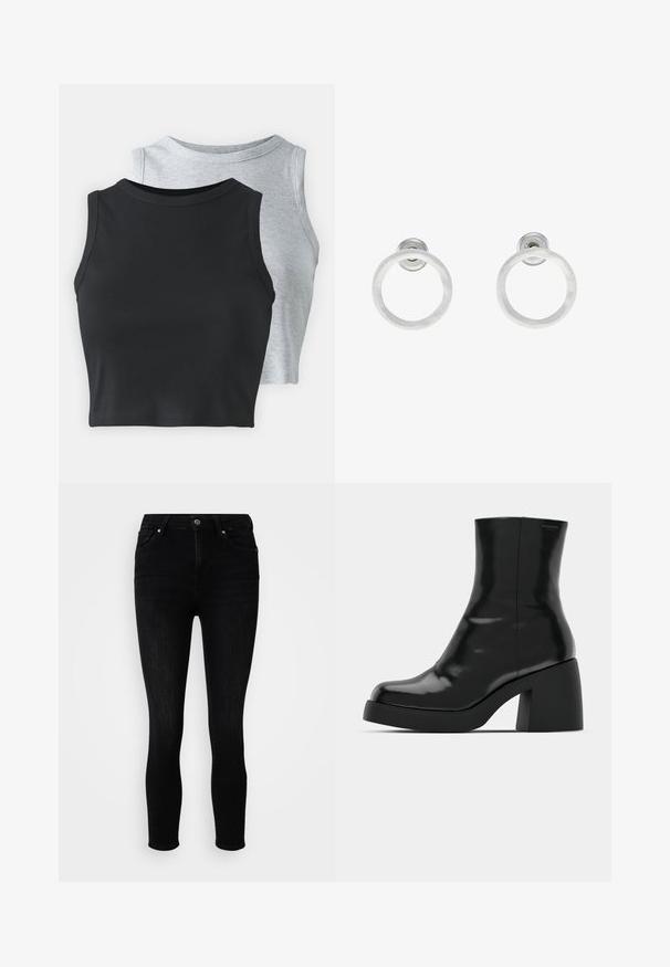 Even&Odd Petite 2 PACK - Top - light grey/black; ONLY Petite ONLPOWER MID PUSH UP - Uske traperice - washed black; Crne gležnjače s sjajnom površinom, četvrtastim vrhom i debelim blok petama. Dizajn ima besprijekornu siluetu i minimalno brendiranje.; Srebrne metalne naušnice u obliku prstena s brušenom teksturom, s kružnim dizajnom i prozirnom vrstom kopče za sigurno nošenje.