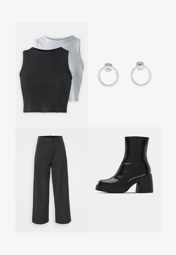 Even&Odd Petite 2 PACK - Top - light grey/black; Sive hlače s prugicama širokog kroja, s plisiranim prednjim dijelom i petljama za remen. Izrađene su od teksturiranog materijala za dodatnu dubinu.; Crne gležnjače s sjajnom površinom, četvrtastim vrhom i debelim blok petama. Dizajn ima besprijekornu siluetu i minimalno brendiranje.; Srebrne metalne naušnice u obliku prstena s brušenom teksturom, s kružnim dizajnom i prozirnom vrstom kopče za sigurno nošenje.