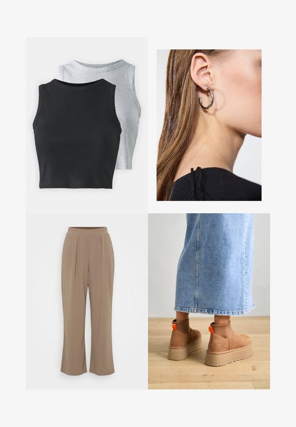 Even&Odd Petite 2 PACK - Top - light grey/black; Smeđe široke hlače napravljene od mekane tkanine sa prednjim dubljama i elastičnim pojasom za udobnost. Čist, minimalistički dizajn.; Smeđe suede platform čizme s elastičnim bočnim panelima i narančastim vučnim trakama, uparenim s suknjom od svijetlog denima do koljena na drvenom podu.; Srebrna kružna naušnica s poliranim završetkom, koja ima male zlatne detalje i okrugli oblik, nošena na uhu.