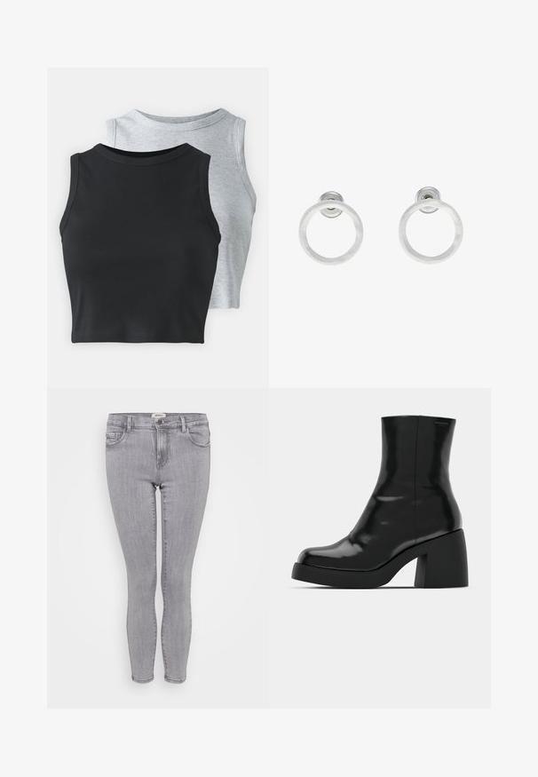 Even&Odd Petite 2 PACK - Top - light grey/black; Sive uske traperice od denima. Imaju srednji struk, pet džepova i lagani efekt pranja. Nema vidljivog brendiranja s prednje strane.; Crne gležnjače s sjajnom površinom, četvrtastim vrhom i debelim blok petama. Dizajn ima besprijekornu siluetu i minimalno brendiranje.; Srebrne metalne naušnice u obliku prstena s brušenom teksturom, s kružnim dizajnom i prozirnom vrstom kopče za sigurno nošenje.
