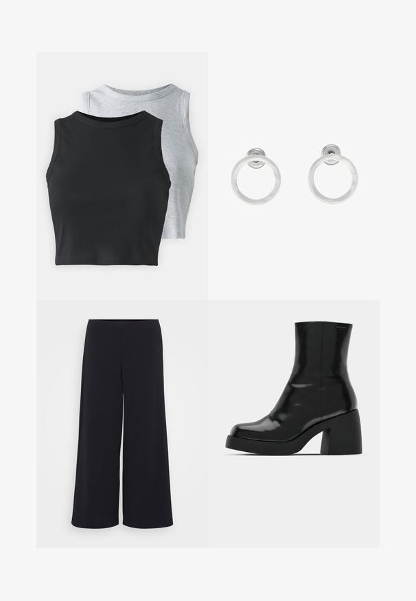 Even&Odd Petite 2 PACK - Tops - light grey/black; Melni platajā kājās bikses, izgatavotas no gludas auduma, ar augstu jostu un plūstošu siluetu, ar vienkāršu, neizgrebtu dizainu.; Melnas potītes zābaku ar spīdīgu apdari, kvadrātveida pirkstu un biezu bloku papēdi. Dizainā ir bezšuvju siluets un minimāla zīmola identitāte.; Sudraba metāla gredzenveida auskari ar matētu faktūru, ar apaļu dizainu un caurspīdīgu aizdari, lai nodrošinātu drošu valkāšanu.