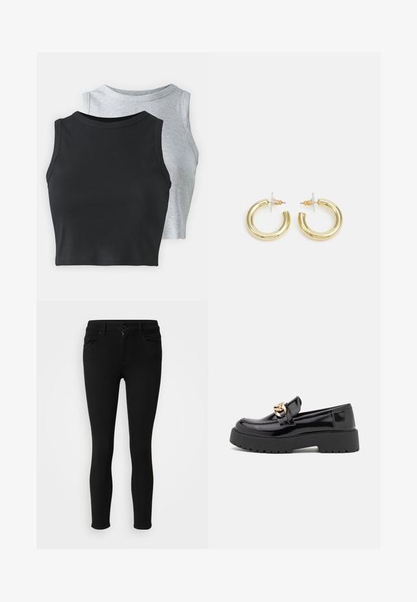 Even&Odd Petite 2 PACK - Felső - light grey/black; Fekete, skinny farmernadrág, rugalmas anyagból készült, zipzárral és gombos záródással, valamint két elülső zsebbel rendelkezik. Sima tapintású és testhezálló kialakítással rendelkezik.; Fekete lakkbőr loaferek tömör fekete talppal és arany hardware díszítéssel. Simább textúrájú és kerek orrú dizájn.; Arany fülbevalók sima, fényes felülettel. Kör alakú dizájn, amely kis kapoccsal és átlátszó tartozékkal rendelkezik a biztonságos viselés érdekében.