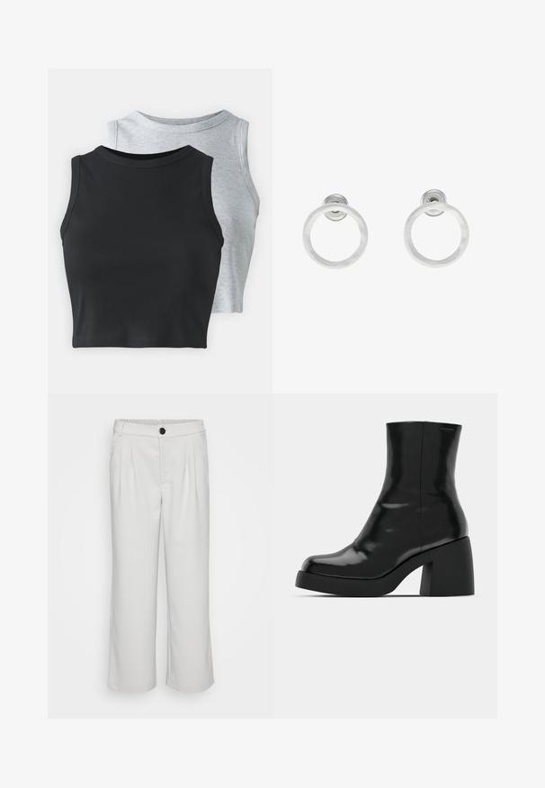 Even&Odd Petite 2 PACK - Top - light grey/black; Bele hlače širokega kroja iz gladkega materiala z nagubanim sprednjim delom in elastičnim pasom z gumbnim zapiranjem.; Črne gležnjarje z sijajno površino, kvadratnim nosom in debelim blokskim peto. Oblikovanje izstopa s brezšivno silhueto in minimalnim logotipiranjem.; Srebrni kovinski obročasti uhani z brušenjem, s krožno obliko in prozornim zatičem za varno nošenje.