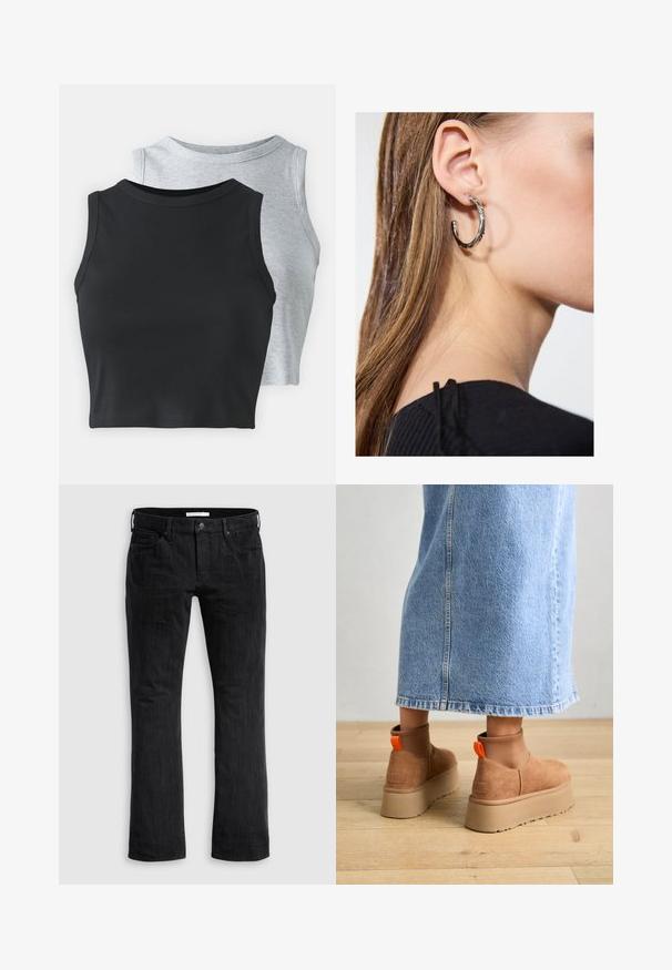 Even&Odd Petite 2 PACK - Felső - light grey/black; Fekete farmernadrág egyenes szabással, klasszikus öt zsebes dizájnnal, finom függőleges textúrával és elől gombos záródással.; Barna velúr platform csizmák elasztikus oldalsó panelekkel és narancssárga húzófülekkel, amelyek egy térdközépig érő világoskék farmer szoknyával vannak párosítva egy fás padlón.; Ez egy ezüst fülbevaló, sima felülettel, amelyen apró arany díszítőelemek találhatók. Kerek formájú és a fülcimpán viselik.