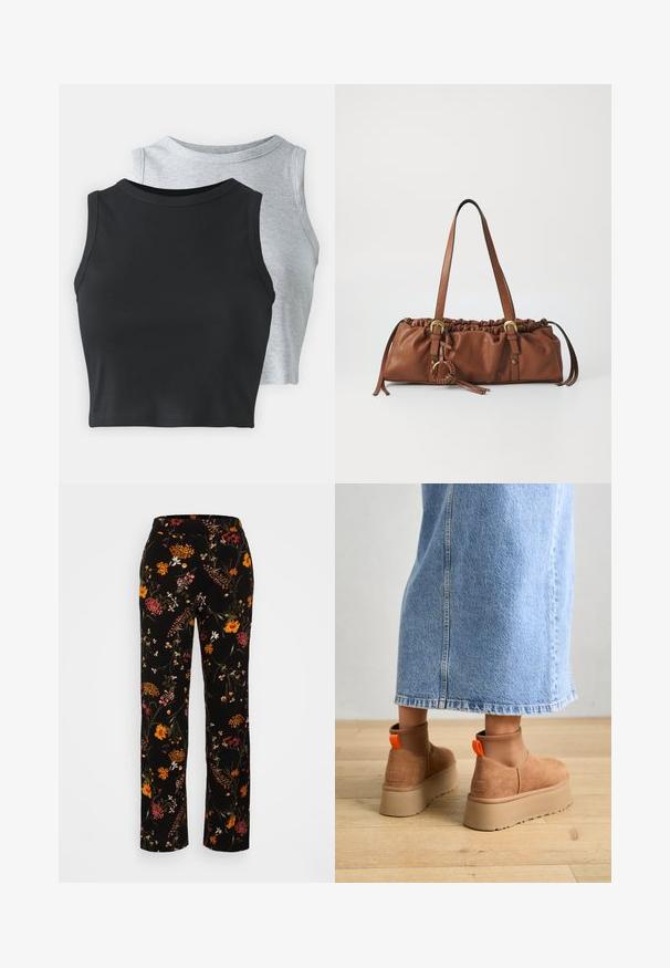 Even&Odd Petite 2 PACK - Top - light grey/black; Pantalones de pierna ancha con estampado floral en negro, que presentan flores multicolores, una cinturilla elástica y una textura de tela suave.; Botas de plataforma de ante marrón con paneles laterales elásticos y tiradores naranjas, combinadas con una falda de mezclilla ligera hasta la rodilla sobre un suelo de madera.; Bolso de cuero marrón con parte superior fruncida, correas ajustables y acentos metálicos. Presenta un detalle trenzado redondo en el lateral.; Pendiente de aro de plata con un acabado pulido, que presenta pequeños detalles en dorado y una forma redonda, llevado en el lóbulo.