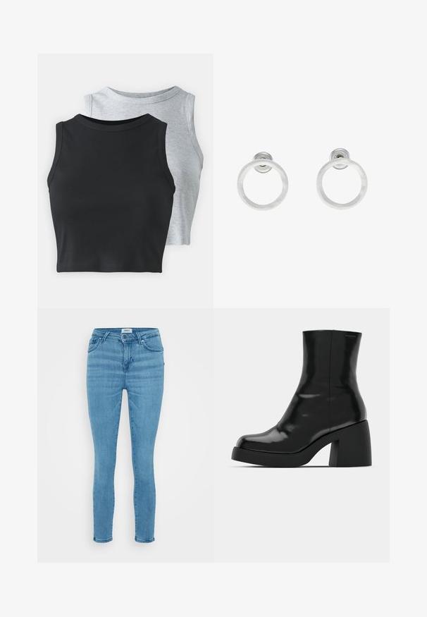 Even&Odd Petite 2 PACK - Top - light grey/black; Jeans skinny de mezclilla azul claro con una textura suave, diseño tradicional de cinco bolsillos y cierre de botón. Corte simple y clásico.; Botas de tobillo negras con un acabado brillante, punta cuadrada y un tacón grueso en bloque. El diseño presenta una silueta sin costuras y un minimalismo en la marca.; Pendientes de aro de metal plateado con una textura cepillada, que presentan un diseño circular y un respaldo transparente para un uso seguro.