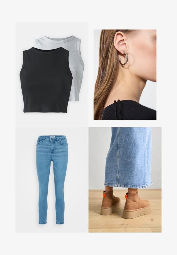 Even&Odd Petite 2 PACK - Topp - light grey/black; Heledad sinine teksasärgid kitsastes vormides, mis on sileda tekstuuriga, traditsioonilise viie-tasku disainiga ja nööpidega lõppemisega. Lihtne ja klassikaline lõike.; Pruunid nahatooted platvormikontsad elastsete külgpaneelidega ja oranžide tõmbetuttidega, koos puusani ulatuva heleda denim-seelikuga puidust põrandal.; Hõbedane rõngas kõrvarõngas poleeritud viimistlusega, millel on väikesed kuldsed aktsendid ja ümmargune kuju, kantud lobus.