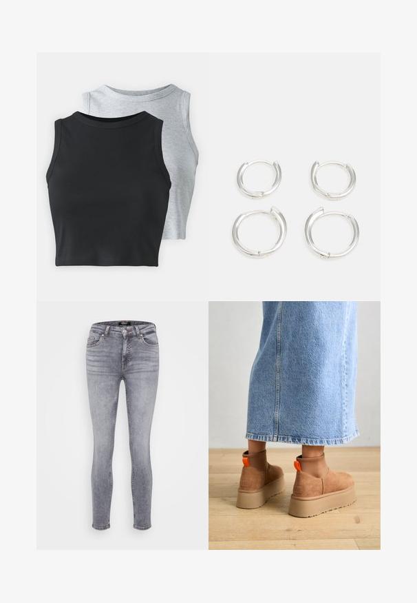 Even&Odd Petite 2 PACK - Tops - light grey/black; Tievās griezuma pelēkas džinsu bikses ar noputējušu apdari, piecas kabatas, jostu cilpas un rāvējslēdzēju. Raksturīgas smalkas šuves un gluda tekstūra.; Brūni zamšādas platforma zābaki ar elastīgiem sānu paneļiem un oranžām cilpām, apvienoti ar līdz ceļgaliem garu gaišā denima svārku uz koka grīdas.; Sudraba riņķveida auskari, ar gludu, pulētu virsmu. Divi pāri ar nedaudz atšķirīgu izmēru. Vienkāršs, apaļš dizains, viegli.