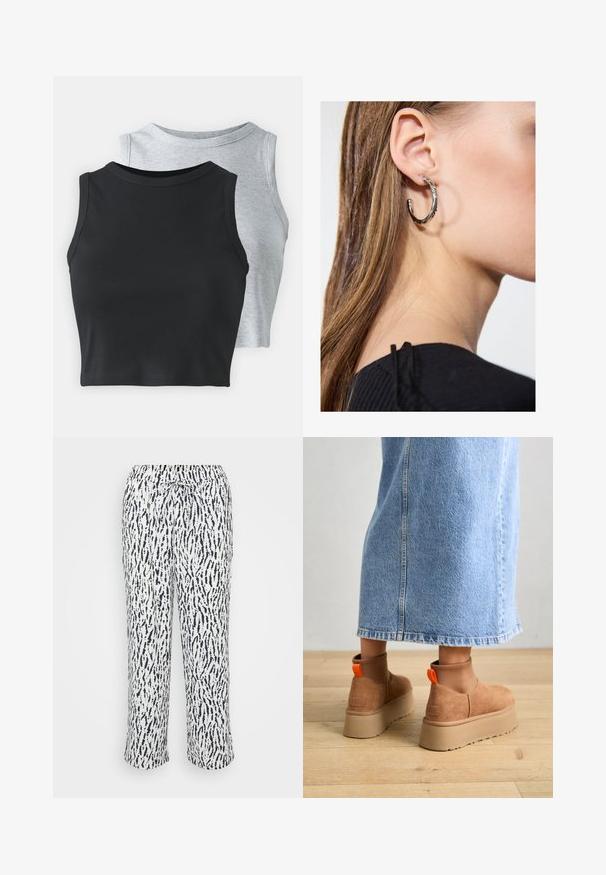 Even&Odd Petite 2 PACK - Débardeur - light grey/black; Pantalons doux et légers en blanc avec un motif abstrait bleu marine. Comprend une taille élastique avec un cordon de serrage pour un ajustement réglable.; Bottes en suède brun à plateforme avec des panneaux latéraux élastiques et des languettes orange, associées à une jupe en denim clair arrivant au genou sur un sol en bois.; Boucle d'oreille en argent avec une finition polie, présentant de petits détails en or et de forme ronde, portée sur le lobe.