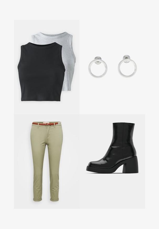 Even&Odd Petite 2 PACK - Tops - light grey/black; Gaiši zaļi kokvilnas chinos ar salocītu apakšējo daļu, kam pievienots brūns josts ar apaļu sprādzi un aizmugurē atrodas jostas zīme.; Melnas potītes zābaku ar spīdīgu apdari, kvadrātveida pirkstu un biezu bloku papēdi. Dizainā ir bezšuvju siluets un minimāla zīmola identitāte.; Sudraba metāla gredzenveida auskari ar matētu faktūru, ar apaļu dizainu un caurspīdīgu aizdari, lai nodrošinātu drošu valkāšanu.