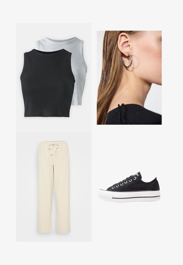 Even&Odd Petite 2 PACK - Top - light grey/black; Even&Odd Petite Broek - beige; Zwarte canvas sneaker met witte rubberen zool, ronde neus, laag topontwerp, metalen oogjes en een gestructureerde neuskap. Dunne zwarte streep langs de zool.; Zilveren oorbel met een gepolijste afwerking, met kleine gouden accentdetails en een ronde vorm, gedragen op de oorlel.