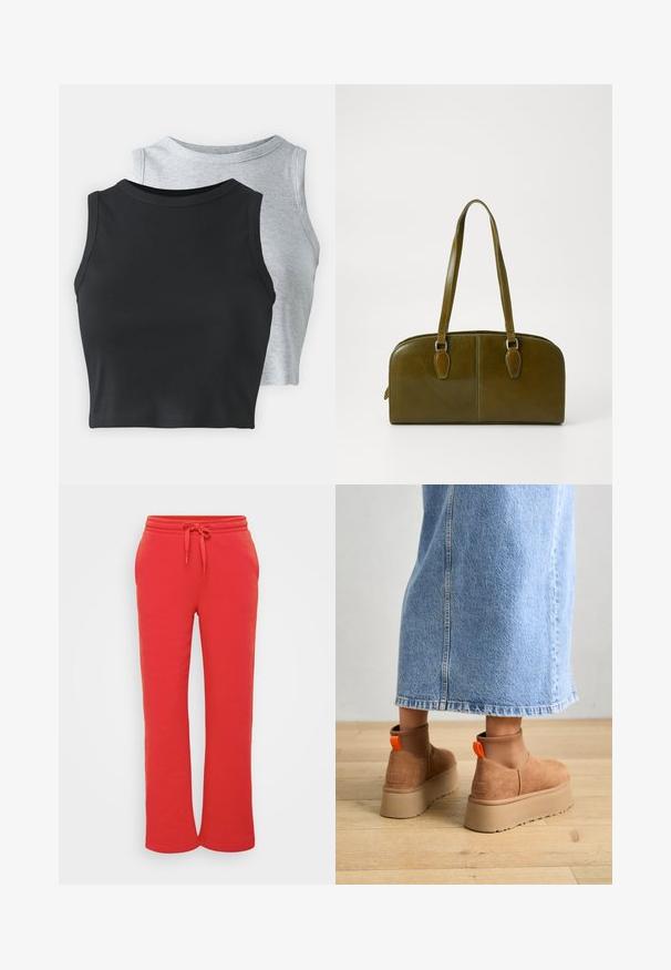 Even&Odd Petite 2 PACK - Top - light grey/black; Červené tepláky vyrobené z měkké bavlny, s elastickým pasem se šňůrkou a rovnými nohavicemi. Hladký povrch.; Hnědé semišové platformové boty s elastickými bočními panely a oranžovými poutky, spárované s sukní z jasného denimu ke kolenům na dřevěné podlaze.; Oliveově zelená kožená kabelka zaobleného tvaru, se dvěma uchy a bezšvým předním dílem. Disponuje hladkým povrchem a jemnými švy.; Stříbrný kruhový náušník s lesklým povrchem, zdobený malými zlatými akcenty, v kulatém tvaru, nošený na lalůčku.