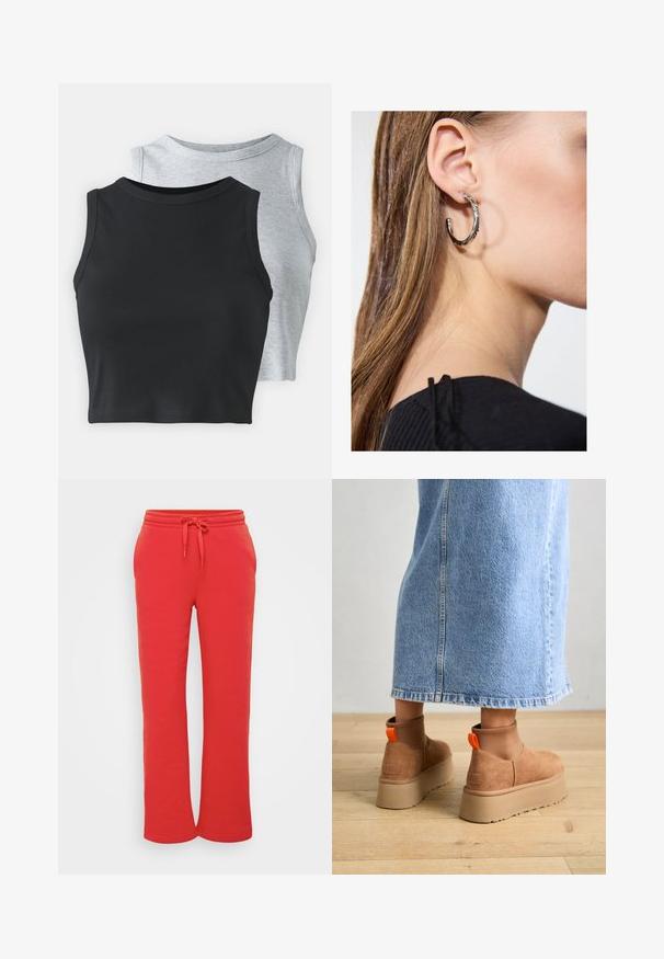 Even&Odd Petite 2 PACK - Top - light grey/black; Calças de treino vermelhas feitas de algodão suave, com um cós elástico e cordão de ajuste, e um design de perna reta. Textura suave.; Botas plataforma em camurça castanha com painéis laterais elásticos e puxadores laranja, combinadas com uma saia de ganga clara até ao joelho, em um chão de madeira.; Brinco de argola prateada com acabamento polido, apresentando pequenos detalhes em dourado e uma forma redonda, usado na orelha.