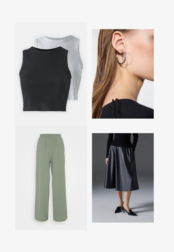 Even&Odd Petite 2 PACK - Top - light grey/black; Lysegrønne, vide bukser med elastisk talje, lavet af et tekstureret stof. Har blød drapering og en afslappet pasform.; Sort læder midi skirt med en glat tekstur; har en talje og sidelommer. Sammen med blanke sorte højhælede sko.; Sølv hoop ørestik med en poleret overflade, prydet med små guld accenter og en rund form, båret på øreflippen.