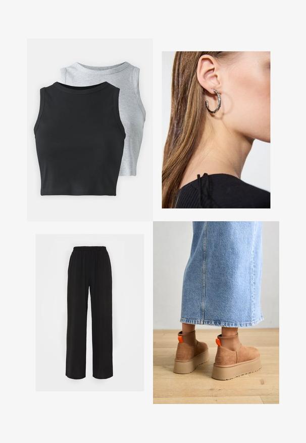 Even&Odd Petite 2 PACK - Top - light grey/black; Sorte vide bukser med elastisk talje, fremstillet af et tekstureret stof og med løs pasform. Designet til komfort og nem bevægelse.; Brune ruskinds platform støvler med elastiske sidepaneler og orange trækstropper, parret med en knælang lys denimnederdel på et trægulv.; Sølv hoop ørestik med en poleret overflade, prydet med små guld accenter og en rund form, båret på øreflippen.