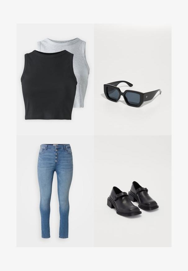 Even&Odd Petite 2 PACK - Viršus - light grey/black; ONLY Carmakoma CARHUSH MID BUTTON BOX - Aptempti džinsai - light blue; Juodos odinės bateliai su apvaliu priekiu, plokščiu padu ir dirželiu su sagtimi. Didelis blokinis kulnas, užtikrinantis papildomą stabilumą.; Juodos didelės saulės akinių su geometriniu raštu, stačiakampiais objektyvais ir blizgiu paviršiumi. Nėra matomo prekės ženklo priekyje.; Sidabriniai auskarai su sklandžiu, poliruotu paviršiumi. Apvalios formos ir saugus uždarymo mechanizmas. Lengvas dizainas, tinkantis kasdieniam dėvėjimui.