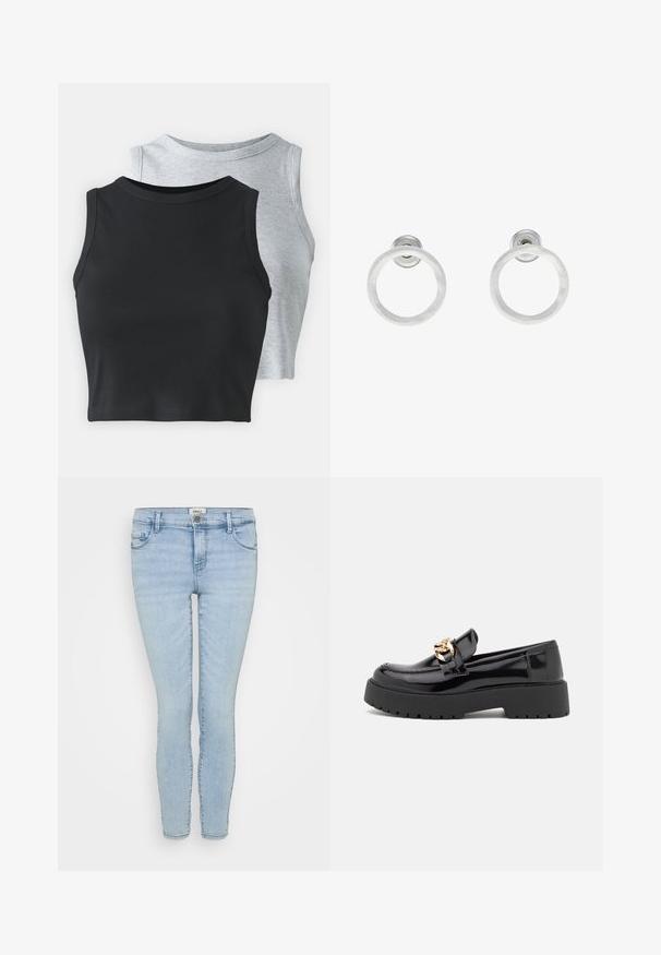 Even&Odd Petite 2 PACK - Top - light grey/black; Svijetloplave uske traperice izrađene od denima, sa dizajnom od pet džepova, zatvaranjem na gumb i patent, te izblješnjenom teksturom na nogama.; Crne lakirane kožne mokasine sa debelim crnim potplatom i detaljima od zlata. Glatka tekstura i dizajn okruglog vrha.; Srebrne metalne naušnice u obliku prstena s brušenom teksturom, s kružnim dizajnom i prozirnom vrstom kopče za sigurno nošenje.