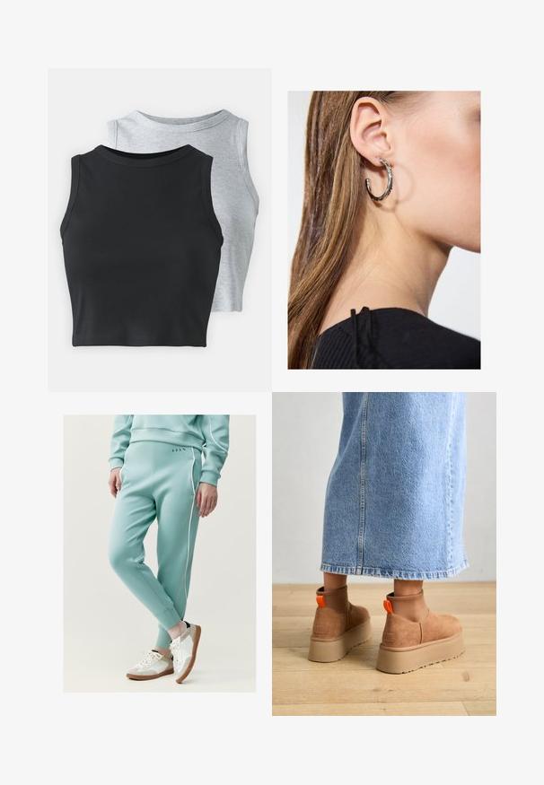 Even&Odd Petite 2 PACK - Top - light grey/black; Mätovo zelené tepláky s bielym postranným prešívaním, so zúženými manžetami a hladkou textúrou. Nosené s bielymi a béžovými teniskami s šnúrkami.; Hnedé zamskové platformové čižmy s elastickými bočnými panelmi a oranžovými ťahákmi, v kombinácii s sukňou z ľahkého denimu po kolená, na drevenej podlahe.; Strieborná kruhová náušnica s lesklým povrchom, obsahujúca malé zlaté akcenty a okrúhly tvar, nosená na lalôčiku ucha.