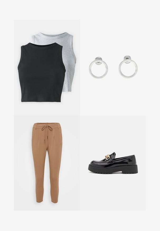 Even&Odd Petite 2 PACK - Viršus - light grey/black; Šviesiai rudi, siaurėjantys kelnių modeliai, pagaminti iš minkštos medžiagos, su raišteliu liemenyje, priekinėmis raukšlėmis ir elastingais kulkšnies rankovėmis.; Juodi patentiniai odiniai loaferiai su masyviu juodu padu ir auksiniais detalėmis. Lygus paviršius ir apvalus pirštų dizainas.; Sidabriniai metaliniai auskarai žiedų pavidalu su šveitimo tekstūra, turintys apvalų dizainą ir skaidrų laikiklį saugiam dėvėjimui.