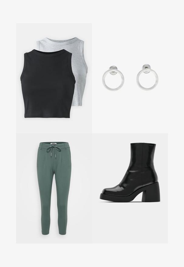 Even&Odd Petite - Top; Zielone, dopasowane spodnie wykonane z miękkiego, elastycznego materiału. Posiadają elastyczny pas z troczkami, zakładki i zwężane nogawki. Prosty i minimalistyczny design.; Czarne botki za kostkę o błyszczącej wykończeniu, kwadratowym czubku i grubym słupkowym obcasie. Projekt charakteryzuje się bezszwową sylwetką i minimalną marką.; Srebrne metalowe kolczyki w kształcie obręczy z matową teksturą, z okrągłym wzorem i przezroczystym zapięciem typu post, zapewniającym bezpieczne noszenie.