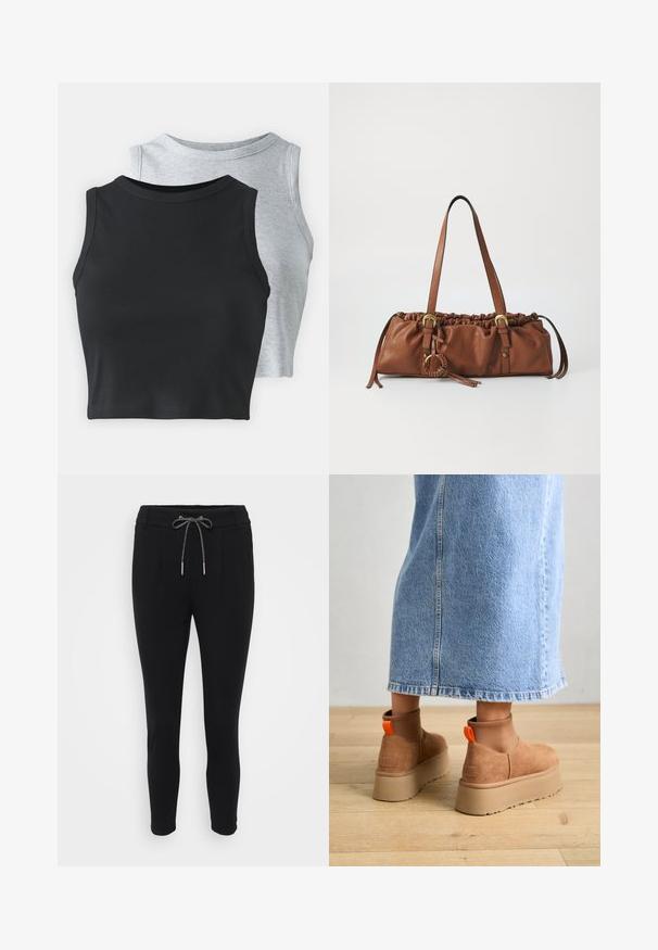 Even&Odd Petite 2 PACK - Top - light grey/black; Crne taperirane hlače s elastičnim pojasom, koje imaju dva prednja džepa i glatku, rastezljivu tkaninu.; Smeđe suede platform čizme s elastičnim bočnim panelima i narančastim vučnim trakama, uparenim s suknjom od svijetlog denima do koljena na drvenom podu.; Smeđa kožna torba s nabranim vrhom, podesivim trakama i metalnim naglascima. Sadrži okrugli pleteni detalj sa strane.; Srebrna kružna naušnica s poliranim završetkom, koja ima male zlatne detalje i okrugli oblik, nošena na uhu.