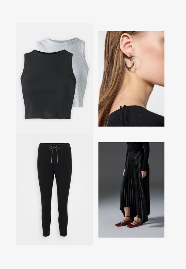 Even&Odd Petite 2 PACK - Top - light grey/black; Črne tapered hlače z elastičnim pasom in vrvico, z dvema sprednjima žepoma in gladko, raztegljivo teksturo tkanine.; Črna nabrana krila z višjim sprednjim in nižjim zadnjim delom, kombinirana z sijočimi rdečimi balerinkami s trakastim dizajnom. Tkanina ima gladko teksturo.; Srebrna obročasta uhana s polirano površino, ki vključuje majhne zlate poudarke in okroglo obliko, nošena na ušesnem lobu.