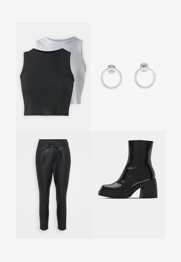 Even&Odd Petite 2 PACK - Tops - light grey/black; Melna mākslīgās ādas bikses ar elastīgu jostasvietu, priekšējiem krokām un aukliņu aizdarē. Šaurējoša piegriezuma ar gludu tekstūru.; Melnas potītes zābaku ar spīdīgu apdari, kvadrātveida pirkstu un biezu bloku papēdi. Dizainā ir bezšuvju siluets un minimāla zīmola identitāte.; Sudraba metāla gredzenveida auskari ar matētu faktūru, ar apaļu dizainu un caurspīdīgu aizdari, lai nodrošinātu drošu valkāšanu.