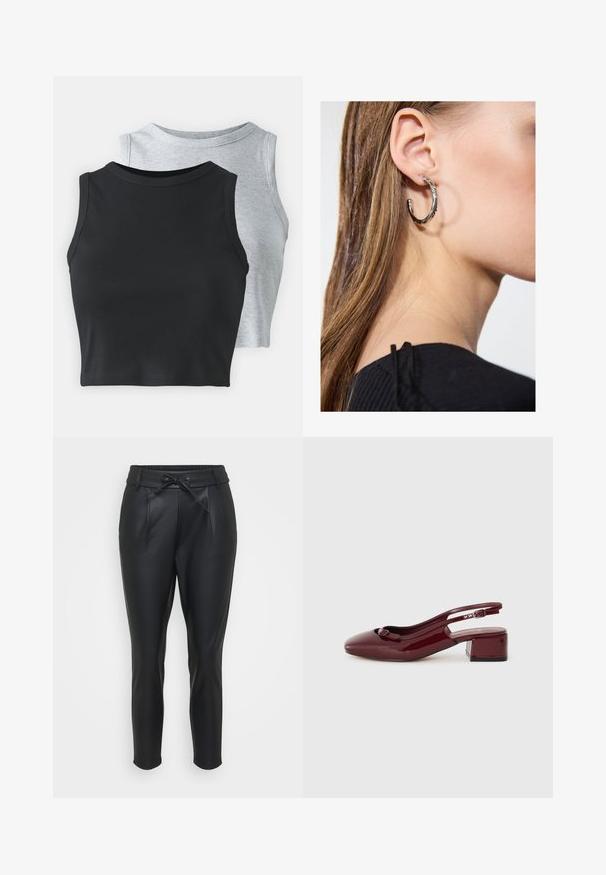 Even&Odd Petite 2 PACK - Topper - light grey/black; Sorte, syntetiske skinnbukser med elastisk midje, frontfolder og snøring. Tapered fit med en glatt tekstur.; Burgunderfarget patent lær slingback-sko med firkantet tå, liten blokkhelt, og en dekorativ sløyfe foran stroppen.; Sølv ringøredob med en polert finish, med små gull detaljer og en rund form, båret på øreflippen.