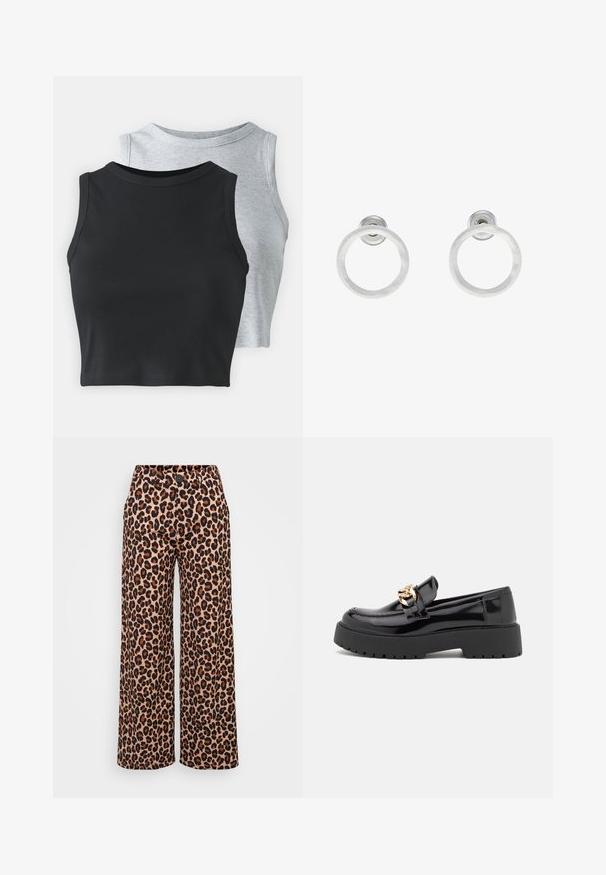 Even&Odd Petite 2 PACK - Linne - light grey/black; Even&Odd Petite Tygbyxor - brown; Svarta lackläderloafers med en kraftig svart sula och detaljer i guld. Slät yta och rund tådesign.; Silvriga metallringörhängen med borstad yta, som har en cirkulär design och en genomskinlig stiftbaksida för säker användning.